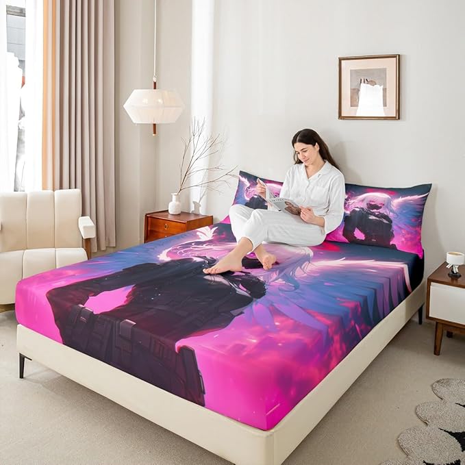 Erosebridal Queen Japanese Anime Bedding Set Anime Girl Fitted Sheet for Kids Girls Teens Men Bedroom, Cartoon Girl Bed Sheets Kawaii Japanese Animation Sheets 3 Piece with 2 Pillow Cases