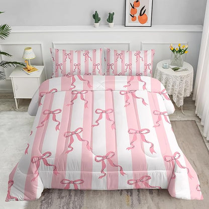 Pink Bowknot Girls Comforter Set King Size,Kawaii Cartoon Geometric Bedding for Kids,Girls Bedroom Room Decor,3Pcs Bow Pink Striped Princess Romantic Comforter Set 1 Quilt 2 Pillowshams