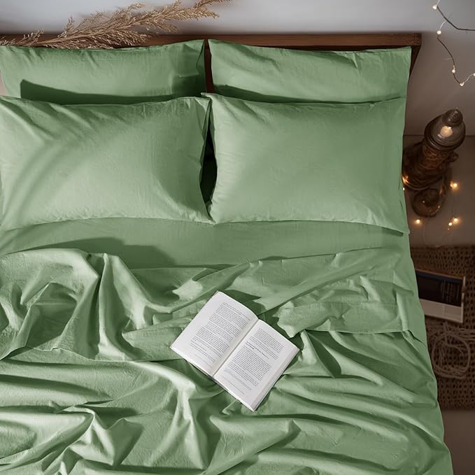 LBRO2M 100% Pure Linen Sheet Set Deep Pocket Up to 16" Bed Sheets Sets, Natural Flax Beddings Soft, Breathable, Comfortable for All Seasons 6 Pcs Sheet Set Full Size, Green