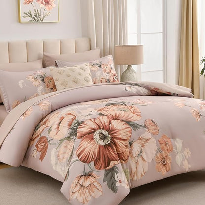 King Size Comforter Set - 7 Pieces Floral Comforter and Sheet Set, Khaki King Size Bed in a Bag, Soft Microfiber Flower Complete Bedding Set for All Seasons（Khaki,104"x90"）