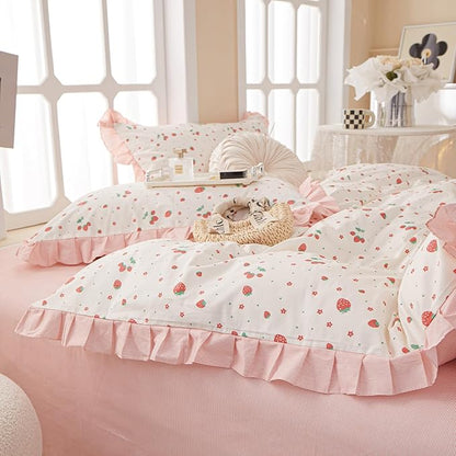 VM VOUGEMARKET Strawberry Comforter Set Twin,Cute Ruffle Comforter with 2 Pillowcases Fluffy Reversible Kids Girls Bedding Comforter Set for All Seasons(3pcs,Twin XL)