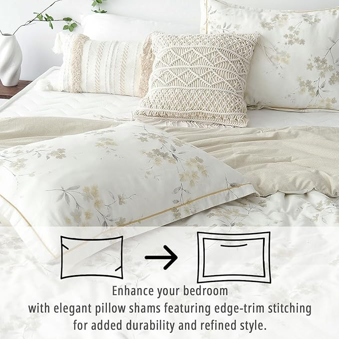 Floral Cotton Comforter King Size - Cream Comforter with Luxurious Grey Branches & Subtle Beige Blossoms,Reversible Lightweight Bedding Sets 3Pcs(104"×90")