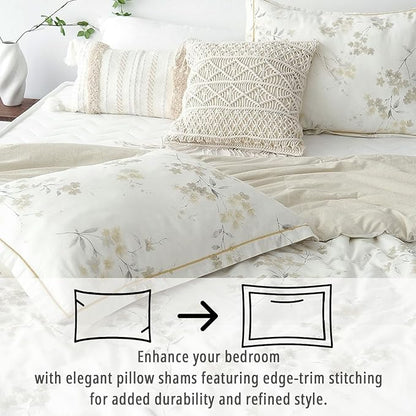 Floral Cotton Comforter King Size - Cream Comforter with Luxurious Grey Branches & Subtle Beige Blossoms,Reversible Lightweight Bedding Sets 3Pcs(104"×90")