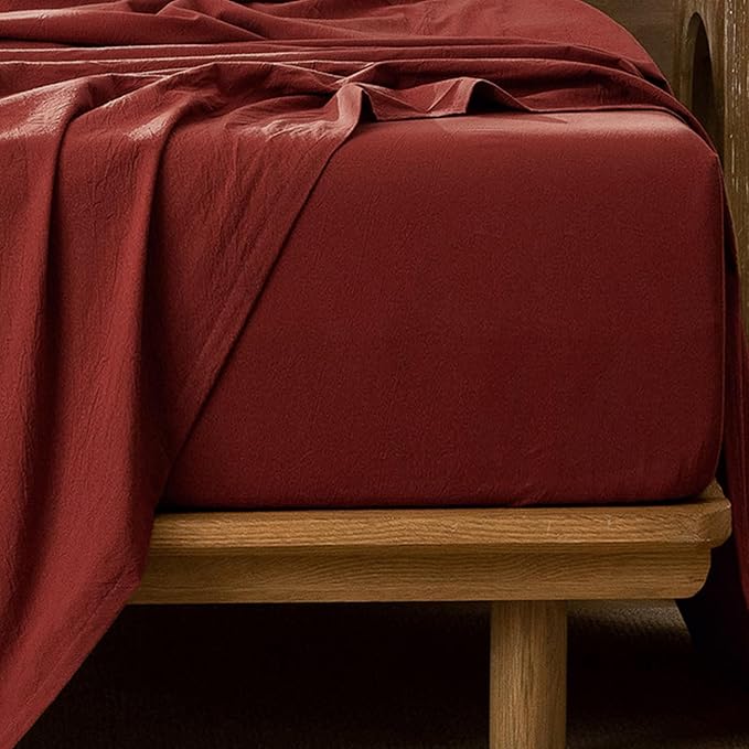 MooMee Fitted Bottom Sheet Only 100% Washed Cotton Linen Like Textured Breathable Durable Soft Comfy Deep Pocket Fits Mattress up to 17" (Solid Fired Brick Red, Twin)
