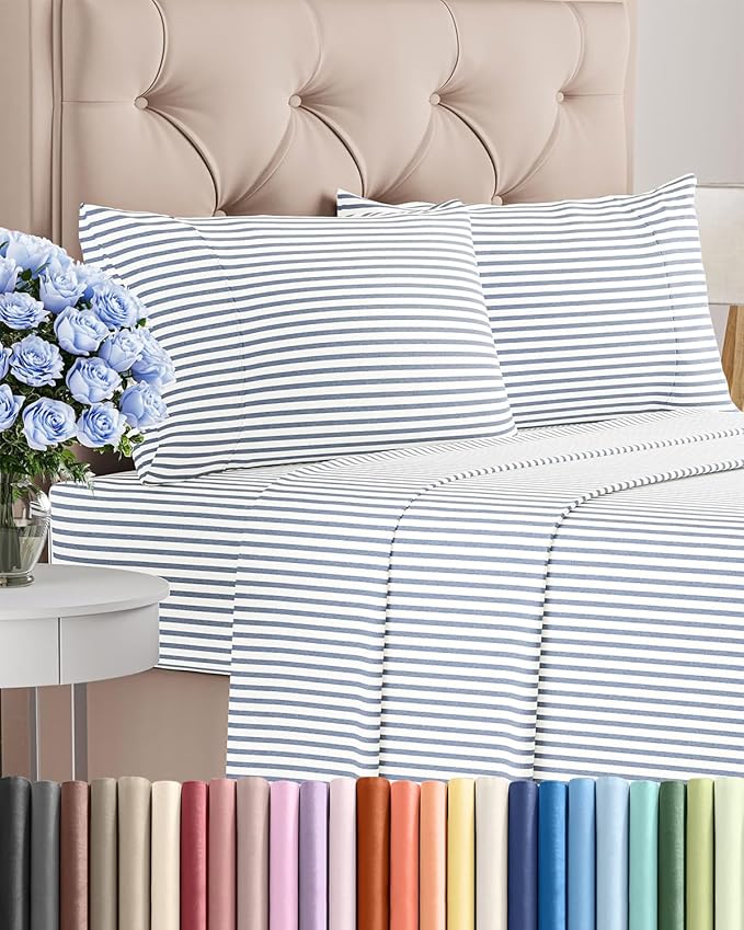 Twin 4 Piece Sheet Set - Comfy Breathable & Cooling - Soft Hotel Luxury Bedding Set with 8-16 Inch Deep Pockets - 1 Flat & 1 Fitted Sheet & 2 Pillowcases - Wrinkle Free & Easy Care - Blue Stripes 2