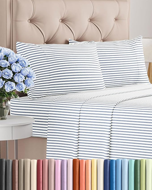 Twin 4 Piece Sheet Set - Comfy Breathable & Cooling - Soft Hotel Luxury Bedding Set with 8-16 Inch Deep Pockets - 1 Flat & 1 Fitted Sheet & 2 Pillowcases - Wrinkle Free & Easy Care - Blue Stripes 2