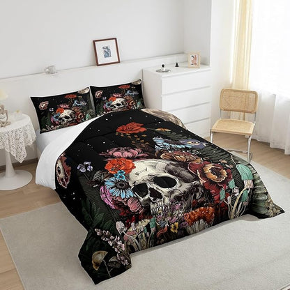 Erosebridal Sugar Skull Bedding Set,Botanical Flower Comforter Set for Kids Boys Girls Home Decor,Starry Sky Duvet Set Trippy Galaxy,Halloween Gothic Down Comforter Soft Lightweight 3Pcs,King Size