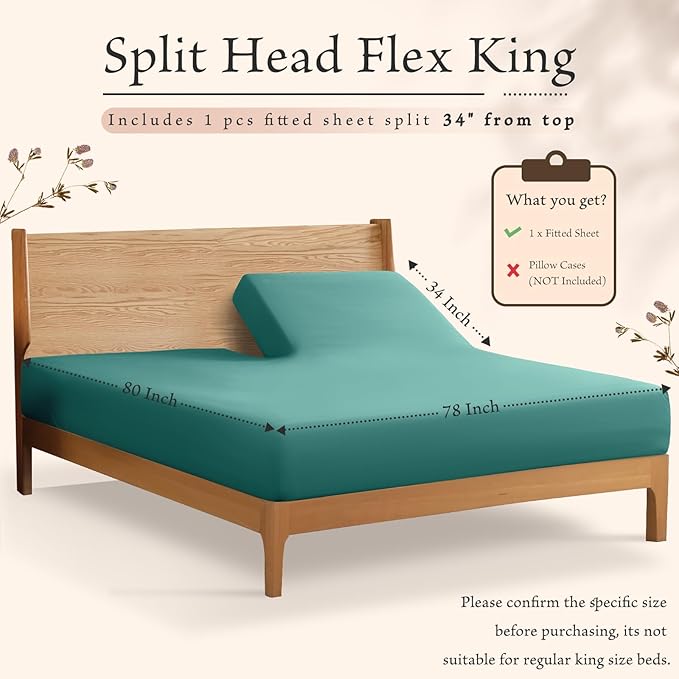 SiinvdaBZX Split Top King Fitted Sheet Only for Adjustable Bed, Ultra-Soft Microfiber 34 Inch Top Split Head Sheets Half Split King Bottom Sheet, Fits 14" -16" Deep Pocket, Teal