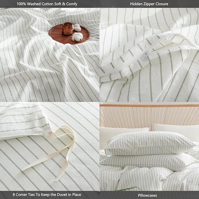 Nayoroom Striped Duvet Cover Queen Size 100% Washed Cotton White Green Stripe Duvet Cover 3 Pieces Soft Breathable Girls Dorm Bedding Set for All Seasons, Yarn Dyed Process
