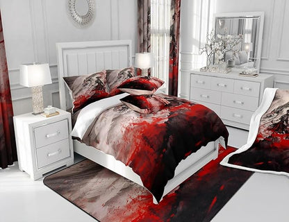 Dragon Comforter Set Full Size,Japanese Samurai Bedding Set Kids Boys Teens Men Home Decor Magical Animals 3D Dragon Quilt Set,Western Wildlife Theme Black Red Ink Style Duvet Insert,2 Pillowcases