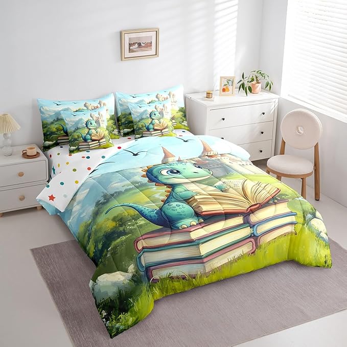 Kawaii Dinosaur Comforter Set Full Size,Castle Mountain Scenery Bedding Set for Kids Teens,Cartoon Wild Animal (Comforter+Fitted+Flat Sheet+2 Pillowcases+2 Throw Pillow Covers) 7 Pieces