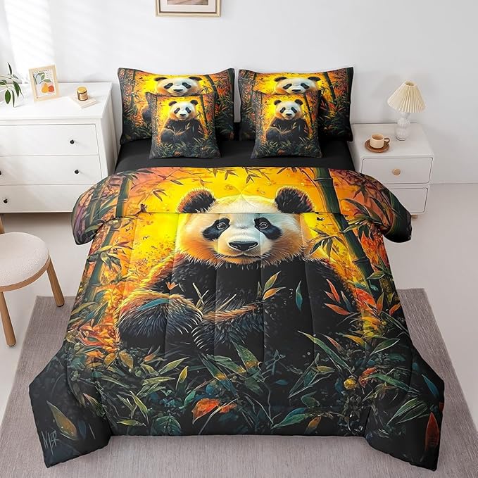 Feelyou Cute Panda Comforter Set 7 Pieces Full Size Kawaii Bear Bedding Set for Boys Girls Nature Yellow Bed in a Bag with Comforter, Sheets, Pillowcases & Cushion Covers