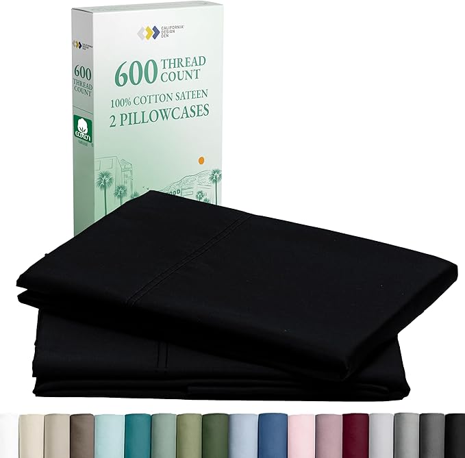California Design Den Premium Pillow Cases Queen Size Set of 2-600 Thread Count Sateen, Natural 100% Cotton Pillow Cases Standard/Queen, Crisp, Durable Bedding - Black