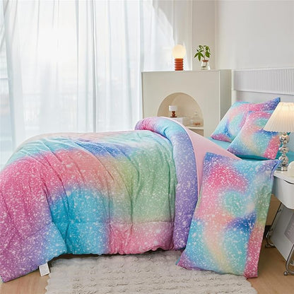 RYNGHIPY Queen Girls Comforter Set Colorful Rainbow Bed in A Bag for Girls Kids 6 Piece Ombre Galaxy Glitter Bedding Set