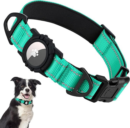 Taglory AirTag Dog Collar with Waterproof Holder for Medium Dogs, Turquoise | Reflective for Night Walks & Low-Light Safety, Track Your Pup Peace of Mind, Adjustable Soft Padded, No More Dangling Tags, M