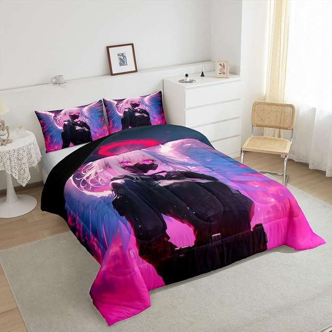 Erosebridal Anime Girl with Wings Bedding King Size for Girls Adults, Kids Japanese Virtual Reality Comforter Cartoon Poster Style Duvet Set for Boys Teen Bedroom Decor with 2 Pillowcases