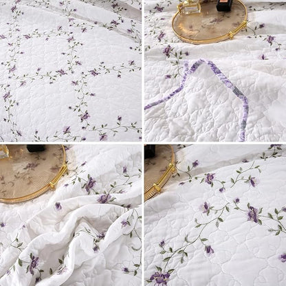vctops 3-Piece Elegant Floral Embroidered Bedspread Coverlet Set 100% Cotton Reversible Patchwork 1 Quilt and 2 Pillow Shams Full/Queen, Purple
