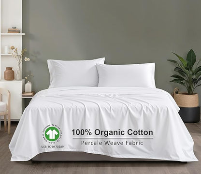 RUVANTI 100% Organic Cotton Sheets King Size, Percale Weave, GOTS Certified, 4-Piece Set, Deep Pocket 15", Crisp & Breathable, Soft Durable Bedding, Sábanas Algodón Orgánico – Bright White