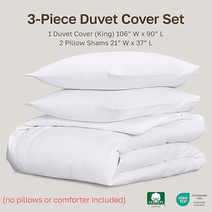 California Design Den 3 Pc White King Duvet Cover Set - Winner Good Housekeeping Best Bedding Awards 2025, 400 Thread Count Sateen, 100% Cotton Duvet Cover Set, Button Closure, Corner Ties - White