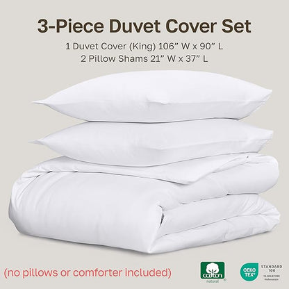 California Design Den 3 Pc White King Duvet Cover Set - Winner Good Housekeeping Best Bedding Awards 2025, 400 Thread Count Sateen, 100% Cotton Duvet Cover Set, Button Closure, Corner Ties - White
