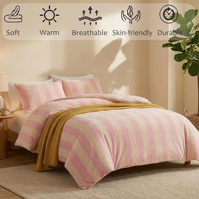 Bedbay Pink Striped Comforter Set Queen Luxury Velvet Comforter Set Cozy Reversible Fleece Soft & Warm Fluffy Flannel Bedding Set Blush Yellow Stripes Pattern Queen Bed Set 3 Pcs with Pillowcases