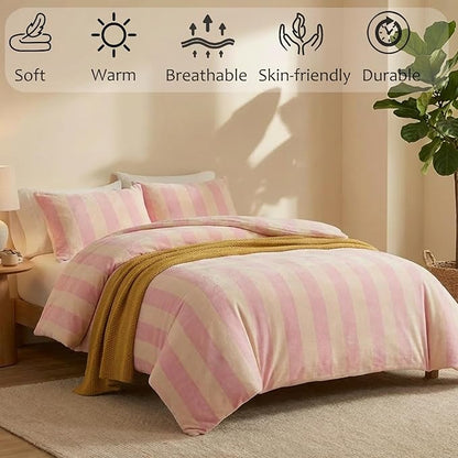 Bedbay Pink Striped Comforter Set Queen Luxury Velvet Comforter Set Cozy Reversible Fleece Soft & Warm Fluffy Flannel Bedding Set Blush Yellow Stripes Pattern Queen Bed Set 3 Pcs with Pillowcases