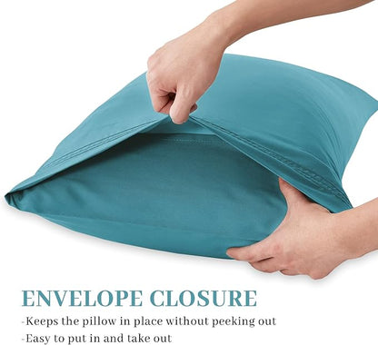 YIYEA Pillow Cases Queen Size Set of 4, Ultra Soft 1800TC Hotel Quality Double Brushed Microfiber Embroidered Pillowcases, Envelope Closure, Fade Resistant (20"x30", Teal)