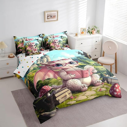 7 Pieces King Size Cute Girly Dragon Comforter Set,Vintage Mid-Century Castle Bedding Set for Girls,Magical Fantasy Wildlife (Comforter+Fitted+Flat Sheet+2 Pillowcases+2 Throw Pillow Covers