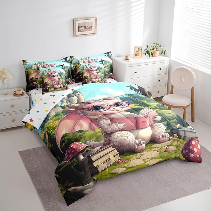 7 Pieces Full Size Cute Girly Dragon Comforter Set,Vintage Mid-Century Castle Bedding Set for Girls,Magical Fantasy Wildlife (Comforter+Fitted+Flat Sheet+2 Pillowcases+2 Throw Pillow Covers