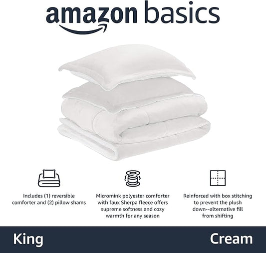 Amazon Basics 3 Piece Bedding Set, Micromink Sherpa, Ultra-Soft, Warm All Season Comforter, King, Cream, Solid