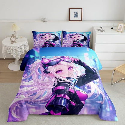 Erosebridal Girls Japanese Anime Bedding Set Toddler, Kawaii Anime Girl Comforter Set Cartoon Girl Quilt for Kids Teens Adult Women, Japanese Animation Sci Fi Style Duvet Insert, Blue Purple