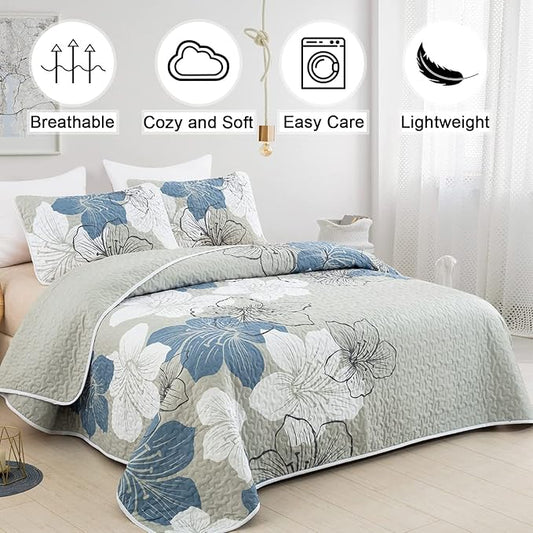 DJY 3 Pieces Quilt Set Queen Floral Pattern Coverlet Elegant Boho Bedspread with 2 Pillow Shams Lightweight Microfiber Bedding All Season (Blue, 90"x96")