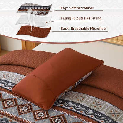 WONGS BEDDING 3 Pieces Quilt Set Queen Size, Burnt Orange Quilt Bedspread Lightweight Bohemian Coverlet Set with 2 Pillowcase, Soft Geometry Printed Bedding Set Queen for All Season 96"×90"