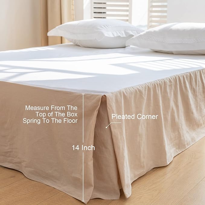 BISELINA French Linen Bed Skirt with Pleated Corner 14-Inch Tailored Drop Natural Flax Cotton Blend Basic Dust Ruffle Soft Cozy Farmhouse Bedding (14" King, Basic Linen)