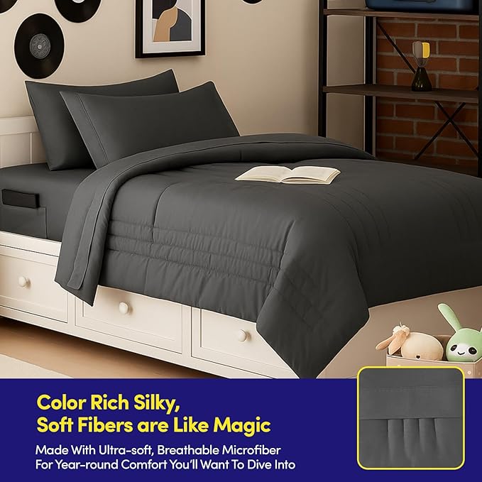 Queen Comforter Set Quilted Stripe Bedding Bundle – Comforter, Mattress Protector, Sheets with Pockets on the Side & Built-in Corner Strap – Fitted Sheet Media Pocket for Devices, Charcoal
