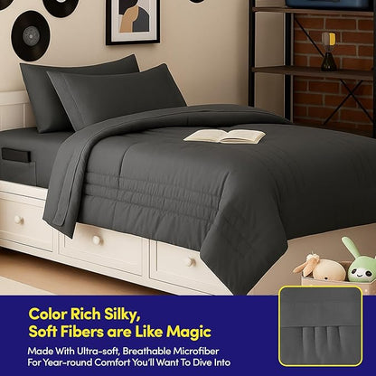 Full Size Comforter Set Quilted Stripe Bedding Bundle – Comforter, Mattress Protector, Sheets with Pockets on the Side & Built-in Corner Strap – Fitted Sheet Media Pocket for Devices, Charcoal