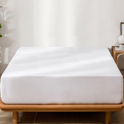 MooMee Fitted Bottom Sheet Only 100% Washed Cotton Linen Like Textured Breathable Durable Soft Comfy Deep Pocket Fits Mattress up to 17" (Bright White, Twin)