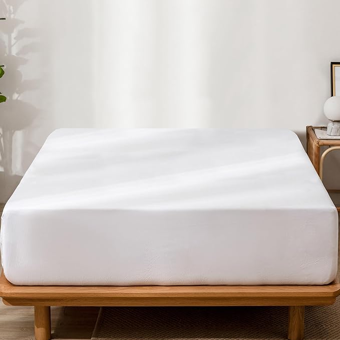 MooMee Fitted Bottom Sheet Only 100% Washed Cotton Linen Like Textured Breathable Durable Soft Comfy Deep Pocket Fits Mattress up to 17" (Bright White, Queen)