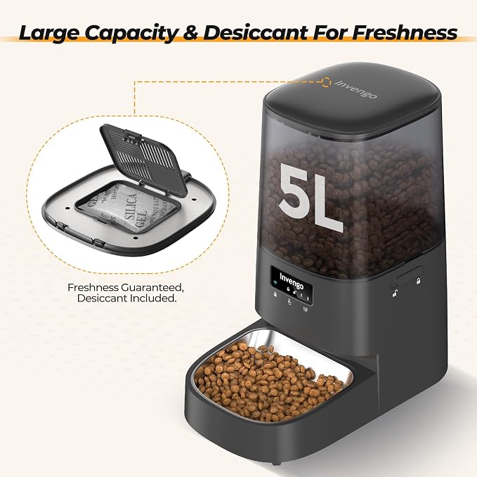 Automatic Cat Feeder with App Control, 5L Food Dispenser for Cats and Small Dogs, 2.4/5G Wi-Fi, Programmable Portions, Anti-Jam & Fresh-Lock, Stainless Steel Bowl, Easy to Clean