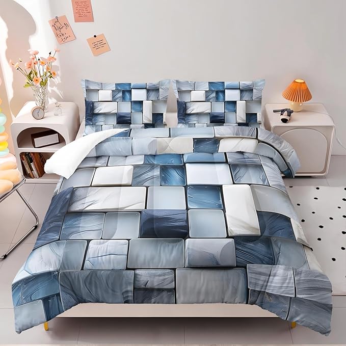 Blue Gray Checkered Comforter Set Queen 3D Grid Bedding Sets 3PCS for Kids Teen Adult Boy Room Decor Ultra-Soft Lightweight Microfiber 1 Comforter with 2 Pillowcases