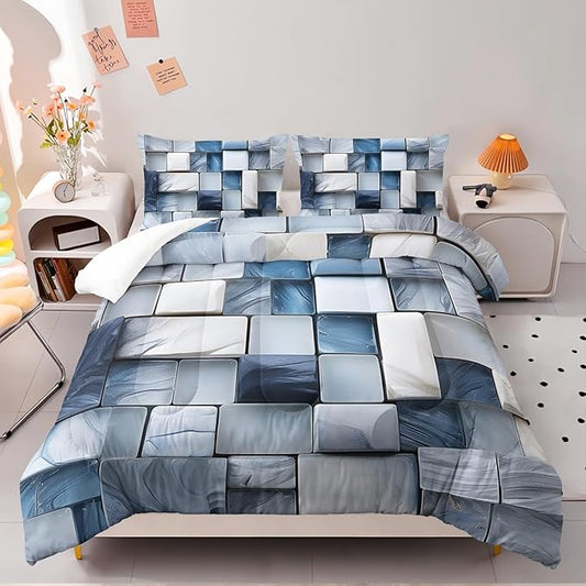Blue Gray Checkered Comforter Set Queen 3D Grid Bedding Sets 3PCS for Kids Teen Adult Boy Room Decor Ultra-Soft Lightweight Microfiber 1 Comforter with 2 Pillowcases