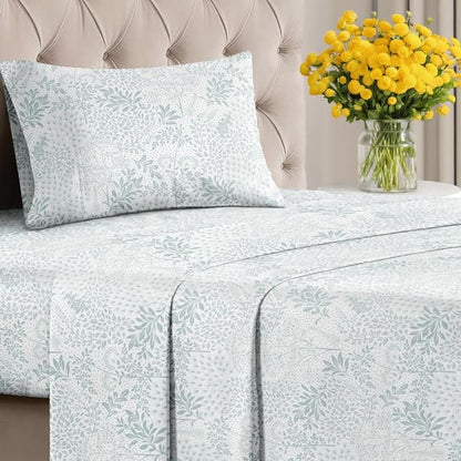 Floral Sheets - Grey Floral Bed Sheet Set - 1 Flat, 1 Fitted & 1 Pillowcase w/ Deep Pockets - Comfy, Wrinkle & Fade Free - Boho Botanical Bedding - Ultra-Soft, Breathable and Cooling - Twin Size