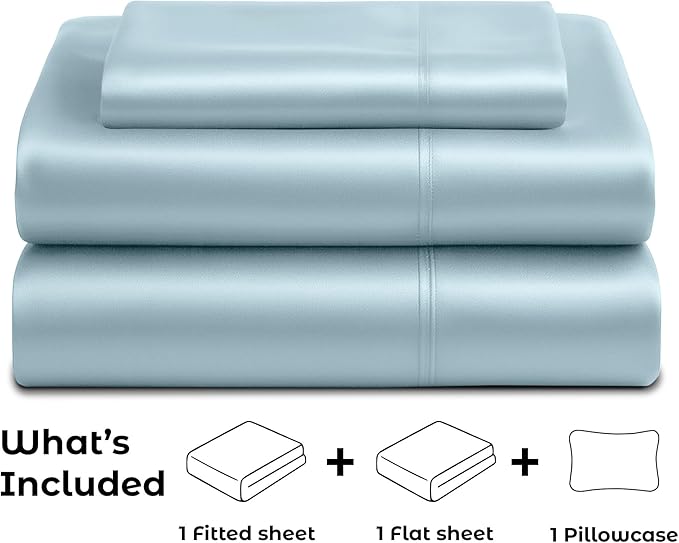 Pure Bedding Satin Sheets Twin [3-Piece, SkyBlue] Hotel Luxury Silky Bed Sheets - Extra Soft 1800 Microfiber Sheet Set, Wrinkle, Fade, Deep Pocket Fitted Sheet, Flat Sheet, Pillow Cases