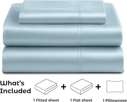 Pure Bedding Satin Sheets Twin [3-Piece, SkyBlue] Hotel Luxury Silky Bed Sheets - Extra Soft 1800 Microfiber Sheet Set, Wrinkle, Fade, Deep Pocket Fitted Sheet, Flat Sheet, Pillow Cases