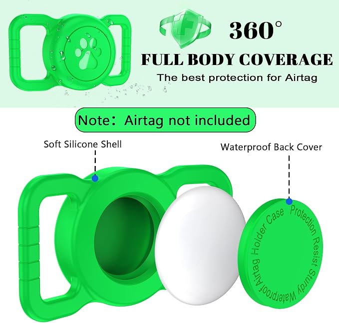 SANKALA Airtag Dog Collar Holder, Waterproof, Green, 1 Pack | Silicone Full Body Covered, Anti-Lost Protective, Fits All Width Collars, for Apple AirTag(Gen 1 & 2), Signal Friendly ﻿