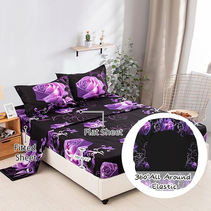 Xruibed Floral Comforter Set Queen 7 Piece Bed in a Bag Purple Rose Flower Comforter with Sheet Set Soft Micorfiber Bedding Set (1 Comforter,2 Pillow Shams,1 Flat Sheet,1 Fitted Sheet,2 Pillowcases)