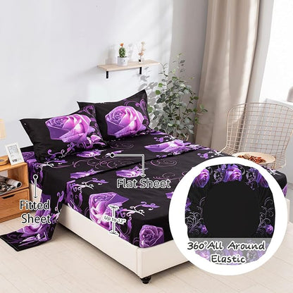 Xruibed Floral Comforter Set Queen 7 Piece Bed in a Bag Purple Rose Flower Comforter with Sheet Set Soft Micorfiber Bedding Set (1 Comforter,2 Pillow Shams,1 Flat Sheet,1 Fitted Sheet,2 Pillowcases)