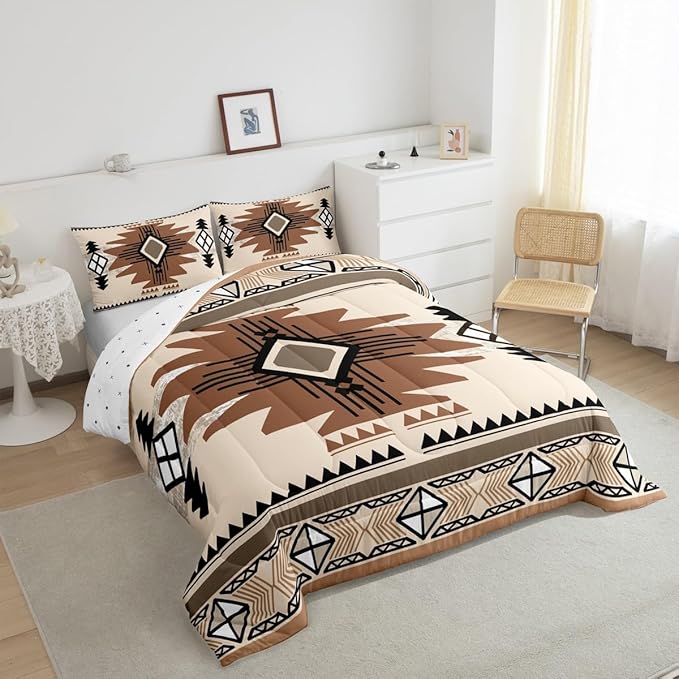 Feelyou Boho Comforter Set Full Size Southwest Native American Design Comforter Southwestern Geometric Bedding Set Western Decor Duvet Set Room Decor Beige Brown Quilt Set