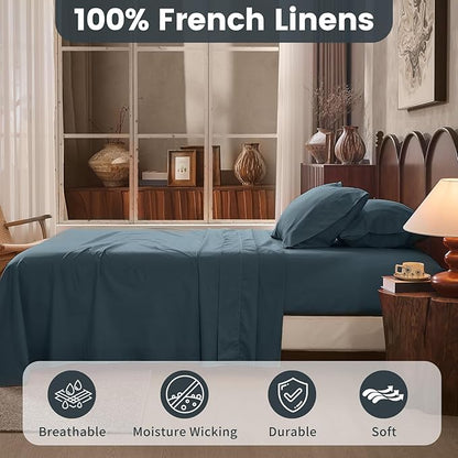 100% Linen Sheets King Size,Breathable & Durable 4-Piece Bed Flax Sheet Set,Soft All-Season Bedding for Hot Sleepers 16" Deep Pocket Oeko-TEX Certified,（King, Navy Grey）