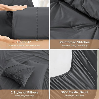 Sasttie Queen Comforter Set, 7-Piece Bed in a Bag, Pintuck Bedding Set for All Season, Includes Comforter, Flat Sheet, Fitted Sheet, Pillowcases and Pillowshams, Dark Grey